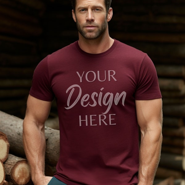 Heather Cardinal Red Bella Canvas 3001 Mockup, Male Model Mockup, 3001 Man T-shirt Mockup, Heather Red Lifestyle Mockup, T-Shirt Mockup