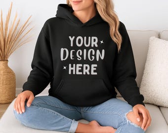 Gildan 18500 Black Hoodie Mockup | G185 Black Hooded Sweatshirt | G18500 Woman Model Photo | Lifestyle Digital Apparel Female Mocks for POD