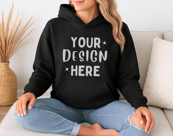 Gildan 18500 Black Hoodie Mockup | G185 Black Hooded Sweatshirt | G18500 Woman Model Photo | Lifestyle Digital Apparel Female Mocks for POD