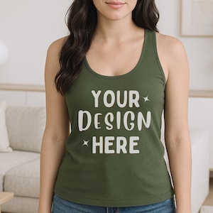 Next Level 1533 Military Green Tank Top Mockup | NL Green Racerback Tank Model Photo | POD Lifestyle 1533 Mockup for Women | Digital Mocks