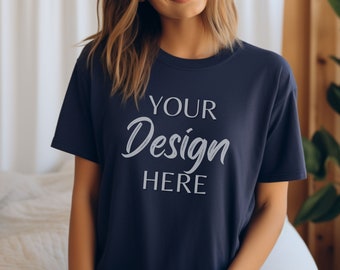 Navy Bella Canvas 3001 Mockup, Nature Bella Canvas Mockup, Navy Lifestyle T-Shirt Mockup, Female Model Mockup, Indoor Mockup 3001 Navy