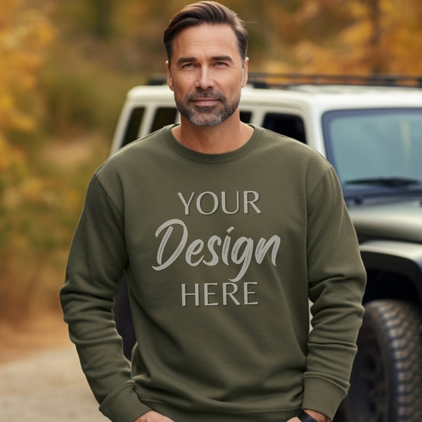 Gildan 18000 Military Green Mockup, Male Gildan Sweater Mockup,  Fall Sweatshirt Mens Model Mockup, Unisex Military Green Male Sweatshirt