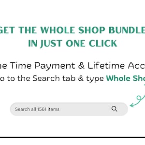 Puede incluir: Fondo blanco con texto en verde y negro. El texto dice: "OBTENGA EL PAQUETE COMPLETO DE LA TIENDA CON UN SOLO CLIC. Pago &uacute;nico y acceso de por vida. Vaya a la pesta&ntilde;a Buscar y escriba Whole Shop". Una barra de b&uacute;squeda est&aacute; en la parte inferior.
