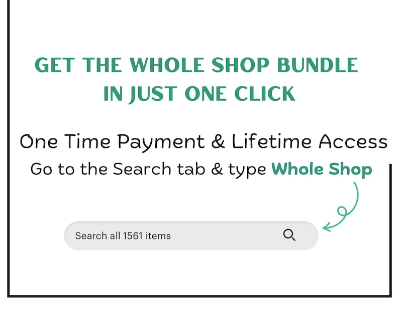 Puede incluir: Fondo blanco con texto en verde y negro. El texto dice: "OBTENGA EL PAQUETE COMPLETO DE LA TIENDA CON UN SOLO CLIC. Pago &uacute;nico y acceso de por vida. Vaya a la pesta&ntilde;a Buscar y escriba Whole Shop". Una barra de b&uacute;squeda est&aacute; en la parte inferior.