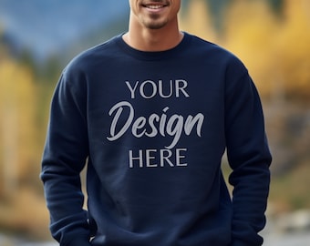 Gildan 18000 Navy Mockup, Autumn Male Gildan Sweater Mockup,  Fall Sweatshirt Mens Model Mockup, Unisex Navy Sweatshirt, Gildan 18000 Man