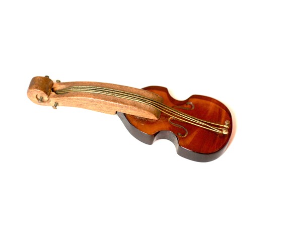 Vintage Root Beer Bakelite & Wood Carved Violin Cello Brooch Pin 