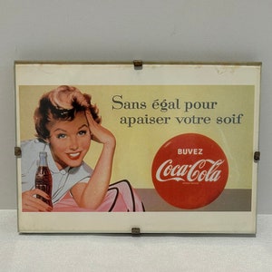 Raro e autentico poster pubblicitario francese vintage della Coca Cola con cornice sotto vetro / Collezione di quadri / Decorazione murale / Bar Ristorante