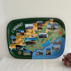 Plateau métal Massilly rectangulaire ancien décor paysage France L'Hérault  Plateau de service Décoration  Collection Présentoir sur meuble.