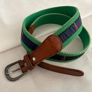 Vintage 80&#39;s Cotton Pattern and Leather Belt Bronze Metal Buckle / Golfer Belt / Leather Goods Accessory for Men and Women