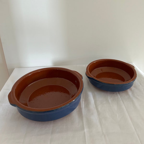 2 Vintage France Dishes in Blue Glazed Terracotta / Oven Casserole/Casserole Gratin/Rustic Kitchen Utensil / Home Decor Pottery