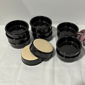 Set of 12 vintage black glazed ceramic ramekins, tableware, glass containers