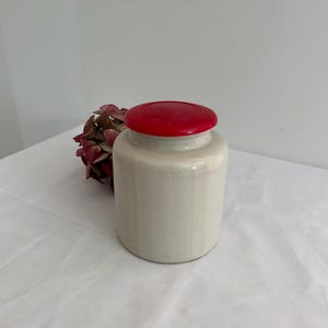 Vintage French Stoneware Mustard Pot with Red Airtight Plastic Lid Wooden Spoon Storage Salt Container Decorative Jar
