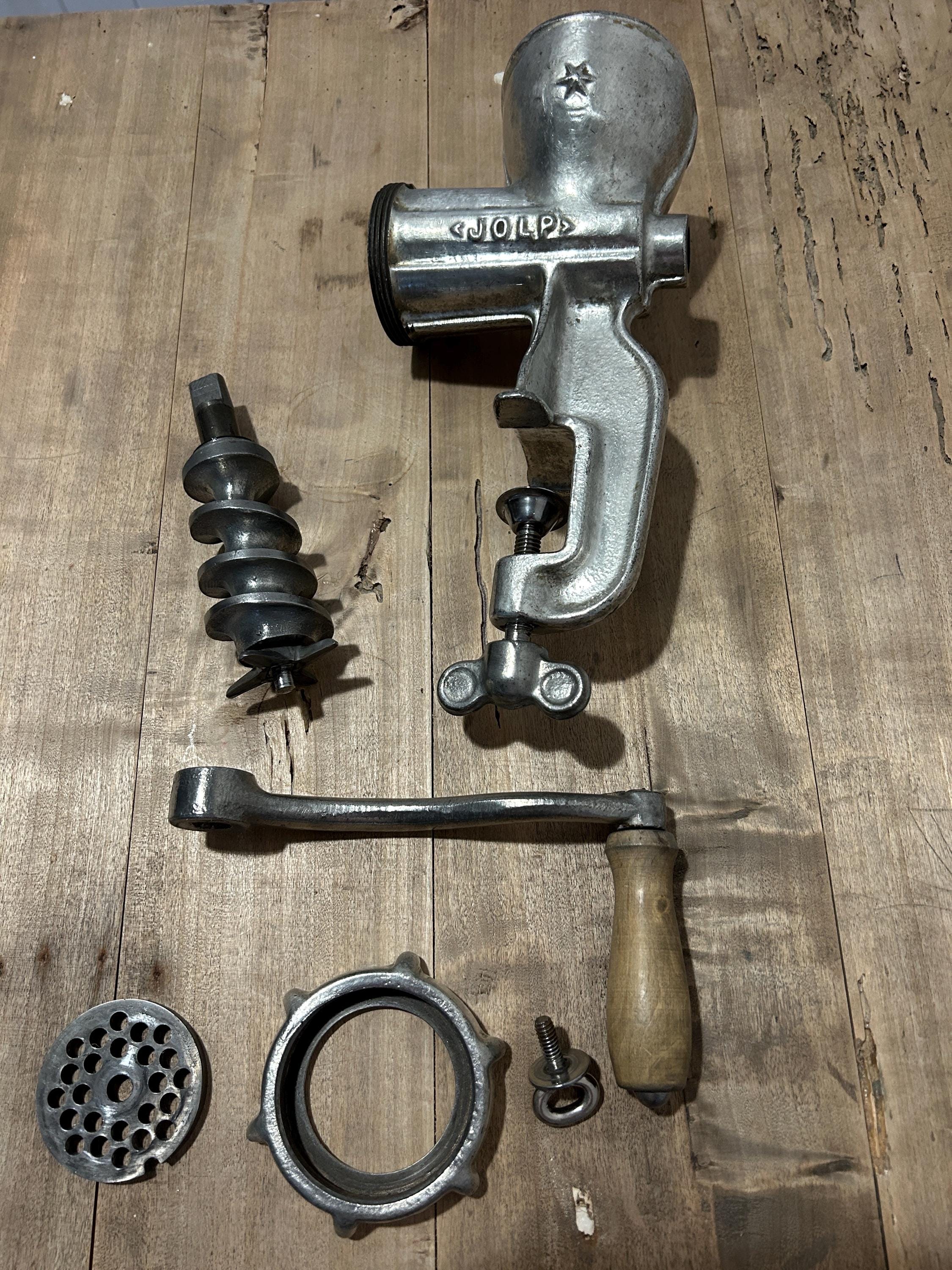 Antique 1950s Steel Manual Meat Grinder Wooden Crank Kitchen
