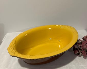 Ovale Terrine Ofenform Jean Pierre Tallec Frankreich in Gelb/Braun Marmoriert Glasierte Terrakotta Vintage Casserole Cocotte Becken Keramik
