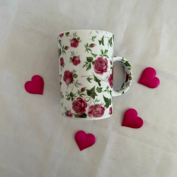 Mug à offrir "pour Elle" à la Saint Valentin, Mug Porcelaine Vintage 1980/ Tasse Thé Café Tisane Soupe/ Bol à la Rose /Mazagran Printanier