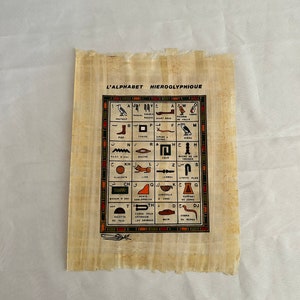 Op de afbeelding: Een vintage papyrusrol met een kleurrijk schema dat het Egyptische hiërogliefen alfabet weergeeft. Elk symbool is geïllustreerd met een bijbehorend beeld en een Frans label.
