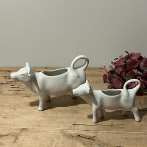 May include: Two white ceramic cow-shaped planters. The larger cow has a handle and a trough-like opening on its back. The smaller cow has a similar design. Both are on a wooden surface, with dried flowers in the background.