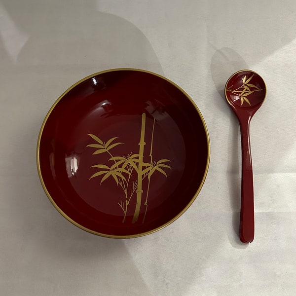 Bol Asiatique en Bois de Bambou Laqué Rouge avec sa Cuillère Vintage / Pot Japonais /Ustensile de Décoration Chinoise /Assiette Déjeuner Riz