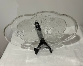 Hollow Dish with Water Lily Transparent Glass Cleared with Acid France Vintage /Culinary Dish /Presentation Tray / Art of the Table /Table