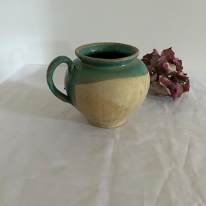 Green glazed terracotta pot with handle Old provincial stoneware France Boho handcrafted pot Vase jug clay jug Farmhouse tableware