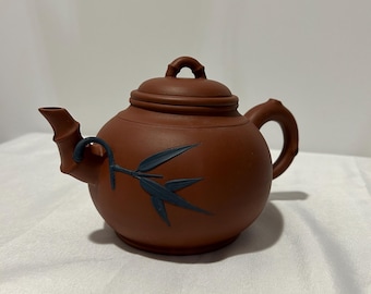Chinesische Yixing-Teekanne aus unglasierter Terrakotta-Keramik, Dekorkunst, Bambus, gestempelt, Vintage-asiatische Sammlung, chinesischer Tontopf
