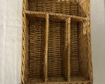 Vintage 70's French Wicker Wicker Covered Storage Basket / Sewing Basket / Table Display / Linen Organizer / Rattan Tray