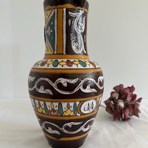 Rare Pottery Nabeul Tunisia old polychrome glazed terracotta pitcher spout and handle 1940 Clay jug Cargoulette Vase Broc