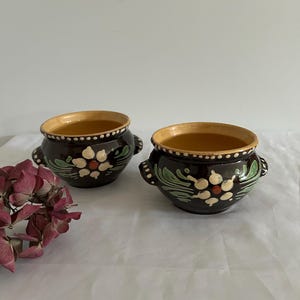 May include: Two small brown ceramic bowls with a floral design. The bowls have a light brown rim and a white flower with green leaves painted on the side.