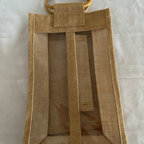 Sac Rectangulaire Toile de Jute Anse en Bambou  Français Vintage /Transport Bouteille de vin/ Rangement Cuisine / Accessoire de Décoration