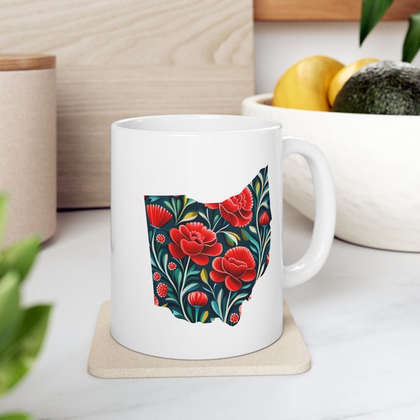 Ohio State Flower Scarlet Carnation Home State 11oz White Ceramic Mug | Cute Home State Coffee Mug | OH Love Gifts | Homesick Buckeye State