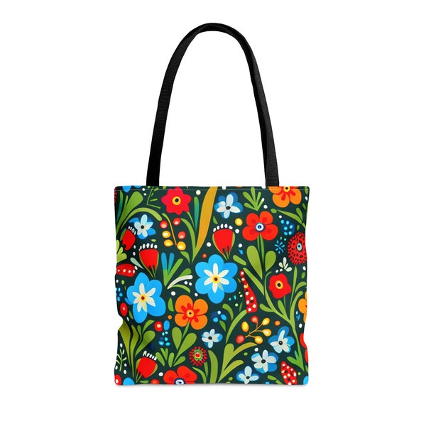 Artistique Bleu Rouge Vert Floral Design Tote Bag | Petit, moyen, grand cadeau fourre-tout botanique | Sac à provisions réutilisable de fleur amusante | Cadeau cool pour maman