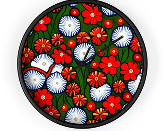 Vibrant Botanical Medley Wall Clock | Lively Red & White Floral Artwork | Timeless Garden-Inspired Home Decor Piece | Perfect Gift Idea