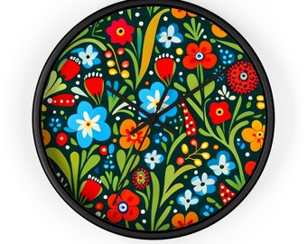 Folk Art Florals Wall Clock | Vibrant Meadow Inspired Design | Colorful Home Decor Piece | Unique Artistic Kitchen Wall Accent