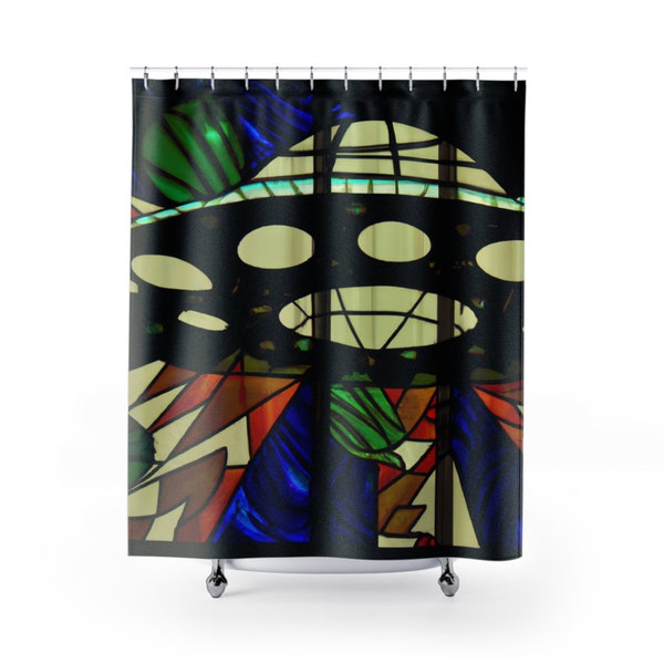Funky mehrfarbiger Glasmalerei-Alien-Invasion künstlerische Polyester-Badezimmer-Duschvorhang | 71 "x74" Spaß / lustige schwarze Haus-u. Dusche-Dekor