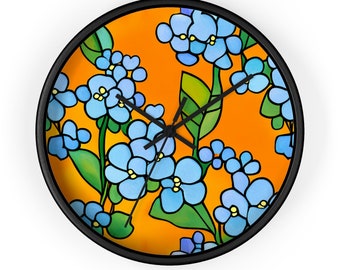 Stained Glass Style Forget-Me-Nots Wall Clock | Vivid Blue Blooms on Warm Amber | Artistic Home Decor | Elegant Timepiece for Any Room