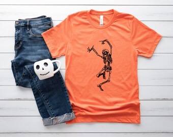 Dancing Skeleton Fun Halloween Trick or Treat Graphic Print Design T Shirt | Funny Skeleton Shirt | Cute Fall Tee | Halloween Shirt for Mom