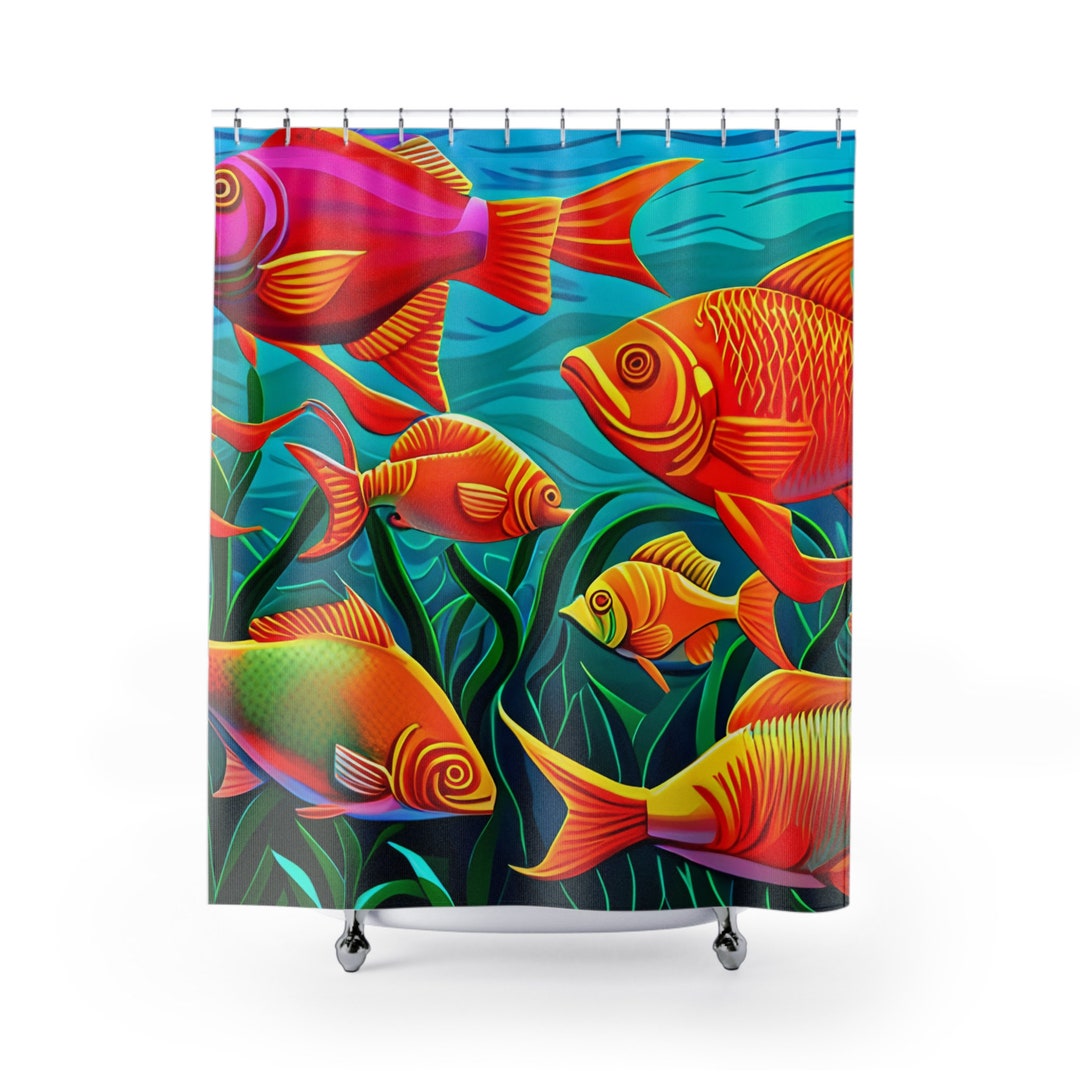 Vibrant Aquarium Ambiance Shower Curtain Lively Goldfish Swim Underwater Botanical Art Colorful