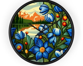 Enchanted Wilderness Timekeeper | Serene Mountain Vista & Lustrous Blue Florals Artistic Wall Clock | Unique Home Decor Accent Piece