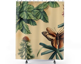 Botanical & Butterfly Green, Cream Nature-Inspired Bathroom Shower Curtain | 71"x74" Naturalist Home and Bathroom Decor | Zen Bathroom Art