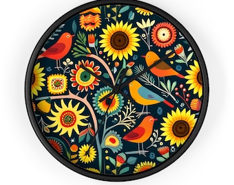 Cheerful Aviary & Sunflower Wall Clock | Colorful Songbirds Illustration | Whimsical Nature-Themed Kitchen Decor | Artisan Crafted Timepiece