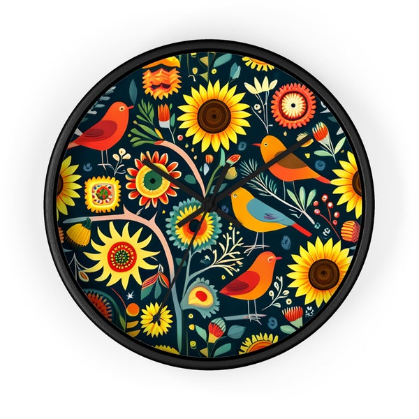 Horloge murale volière gaie et tournesol | Illustration d'oiseaux chanteurs colorés | Décoration de cuisine fantaisiste sur le thème de la nature | Montre fabriquée de façon artisanale