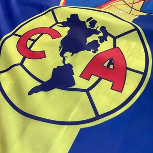 May include: A yellow and blue flag with a large circular emblem. The emblem features a red "C" and "A" with a black outline. A black silhouette of North America is inside the circle.
