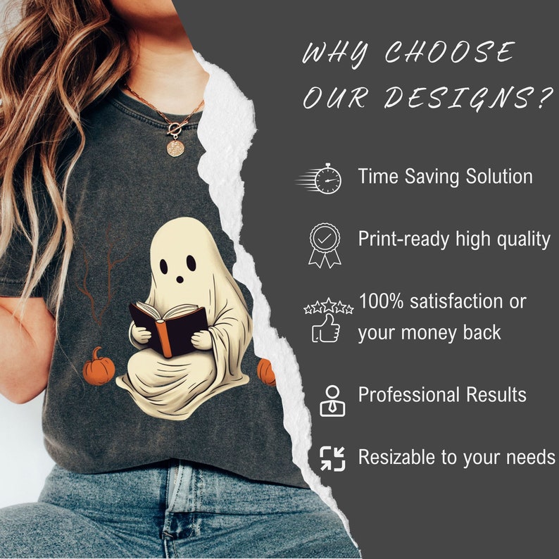 May include: Dark gray t-shirt featuring a cartoon ghost reading a book, with two orange pumpkins on either side. The shirt has the text "WHY CHOOSE OUR DESIGNS?" and other text about the design's features.