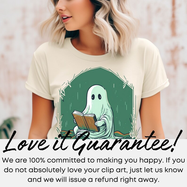 May include: Cream-colored t-shirt featuring a cartoon ghost reading a book, set within a green arched frame. The ghost is light blue, and the book is brown. The text "Love it Guarantee!" is displayed below the graphic.