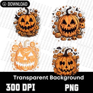 May include: A collection of four orange pumpkin illustrations with carved faces, surrounded by smaller pumpkins and Halloween-themed elements. The image includes the text "Transparent Background", "300 DPI", and "PNG".