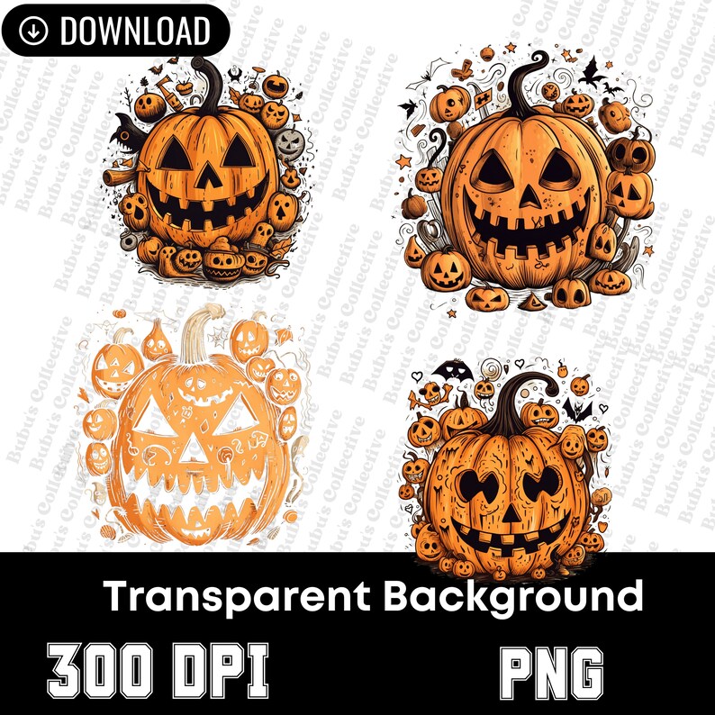May include: A collection of four orange pumpkin illustrations with carved faces, surrounded by smaller pumpkins and Halloween-themed elements. The image includes the text "Transparent Background", "300 DPI", and "PNG".