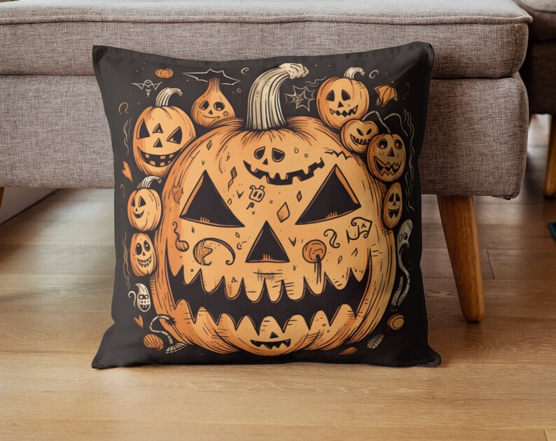 May include: Black square throw pillow with a Halloween-themed design. The pillow features a large orange jack-o'-lantern with a carved face, surrounded by smaller jack-o'-lanterns and other spooky illustrations. The background is black.