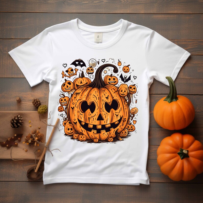 May include: White t-shirt featuring a large orange pumpkin with a carved face, surrounded by smaller pumpkins and Halloween-themed illustrations. The design is in a cartoon style, perfect for the spooky season. Two orange pumpkins are next to the shirt.