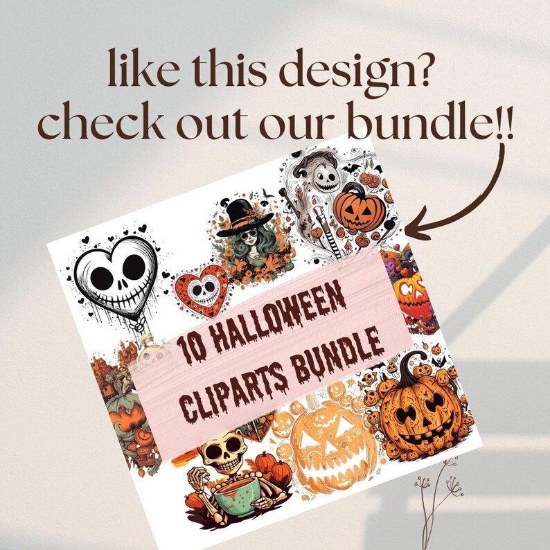 May include: A bundle of 10 Halloween cliparts featuring various spooky designs. The designs include a Jack Skellington-style heart, a witch, a ghost, and several carved pumpkins. The text on the bundle reads "10 Halloween Cliparts Bundle".