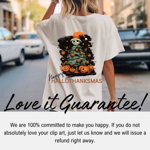 May include: Cream-colored t-shirt featuring a Halloween-themed graphic. The design includes a Christmas tree with pumpkin ornaments, a skeleton wearing a Santa hat, and the text "Happy Hallothanksmas".